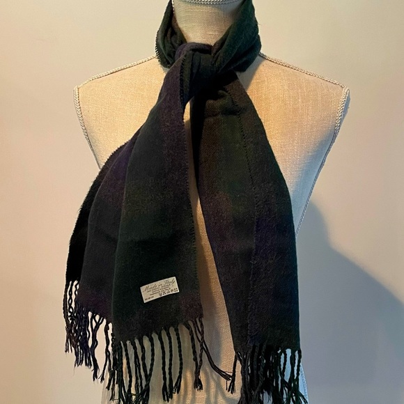 Dark Academia Green, Purple & Navy Blue Plaid Scarf Made in Italy w/ Fringe; OS - Picture 3 of 5